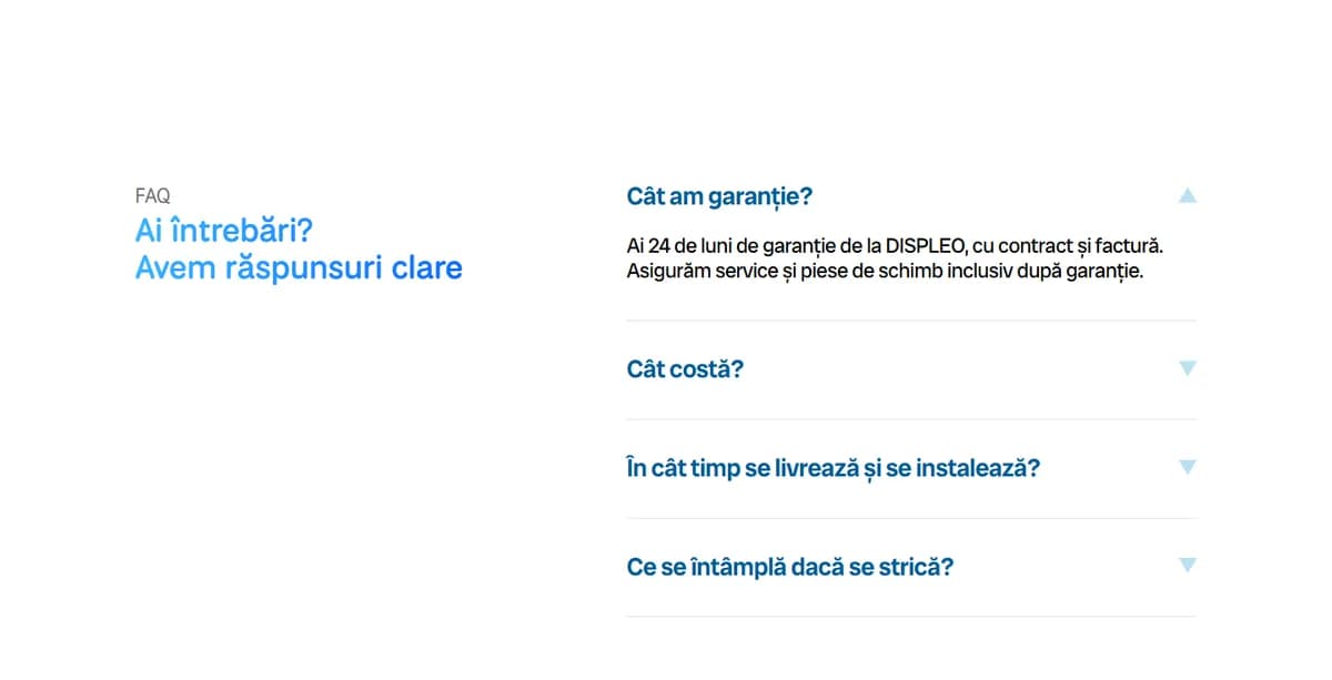 Secțiunea de întrebări frecvente, cu titlul „Ai întrebări? Avem răspunsuri clare” în stânga și, în dreapta, întrebările despre garanție, preț, termen de livrare și service - prima dintre ele deschisă.