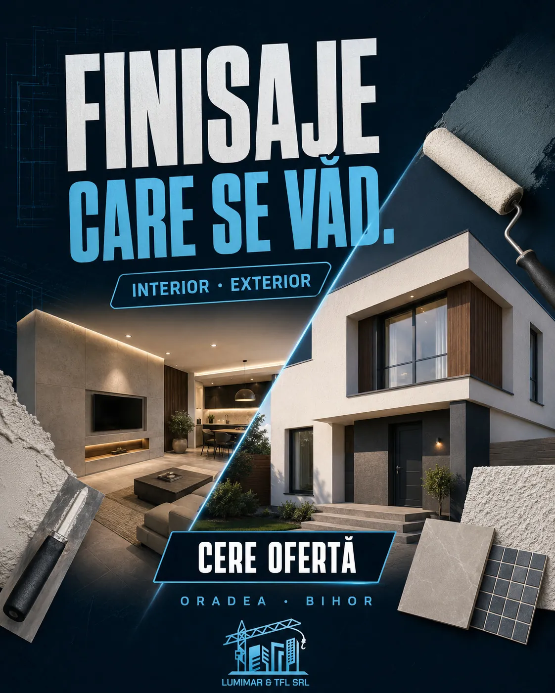 Anunț de campanie: „Finisaje care se văd.”, cu eticheta Interior · Exterior, cadrul tăiat pe diagonală între un living finisat și o fațadă, și butonul Cere ofertă.